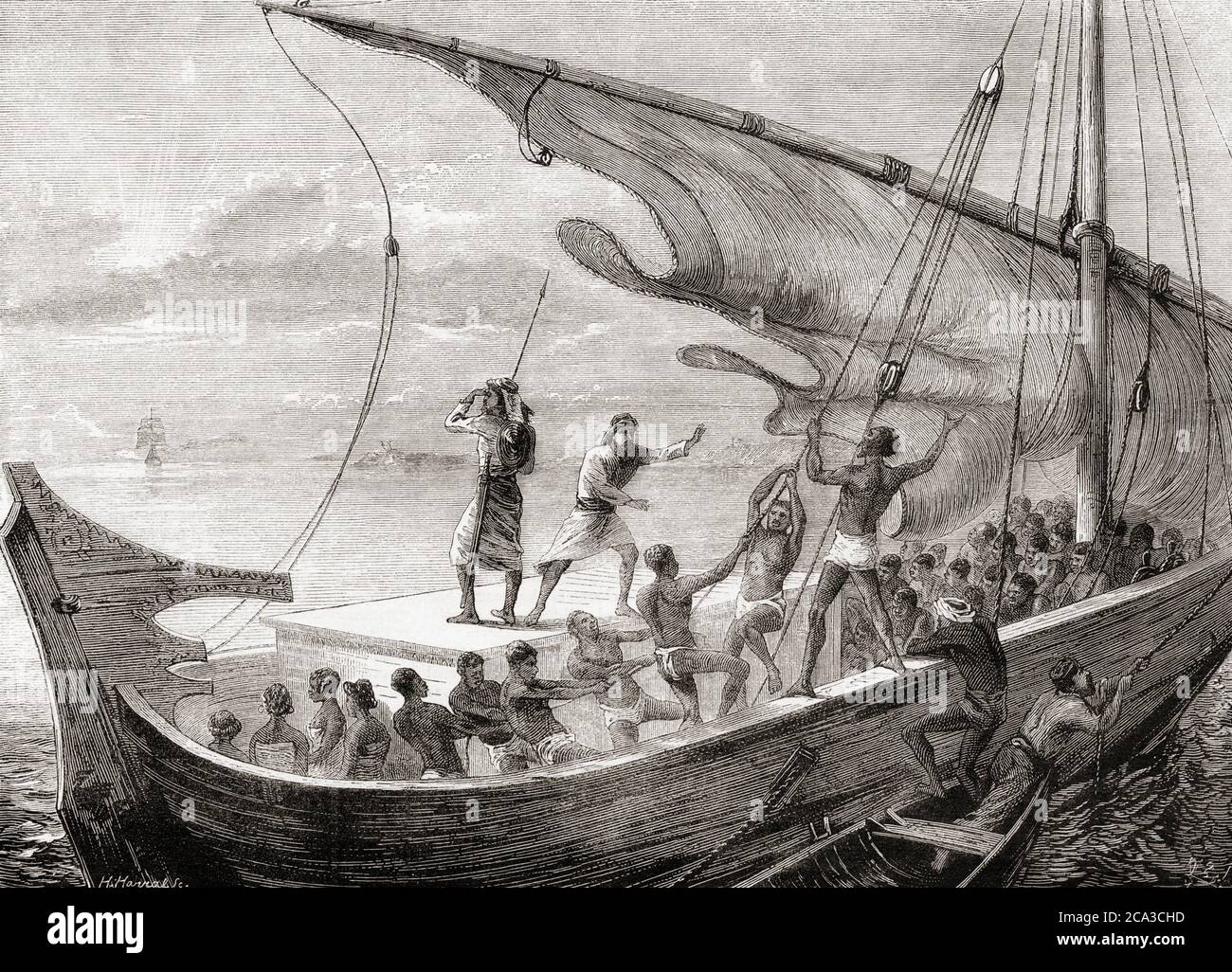 Barco árabe esclavo en el Mar Rojo, a mediados del siglo 19. La tripulación muestra consternación por el enfoque de un hombre de guerra británico. Después de un grabado por Foto de stock