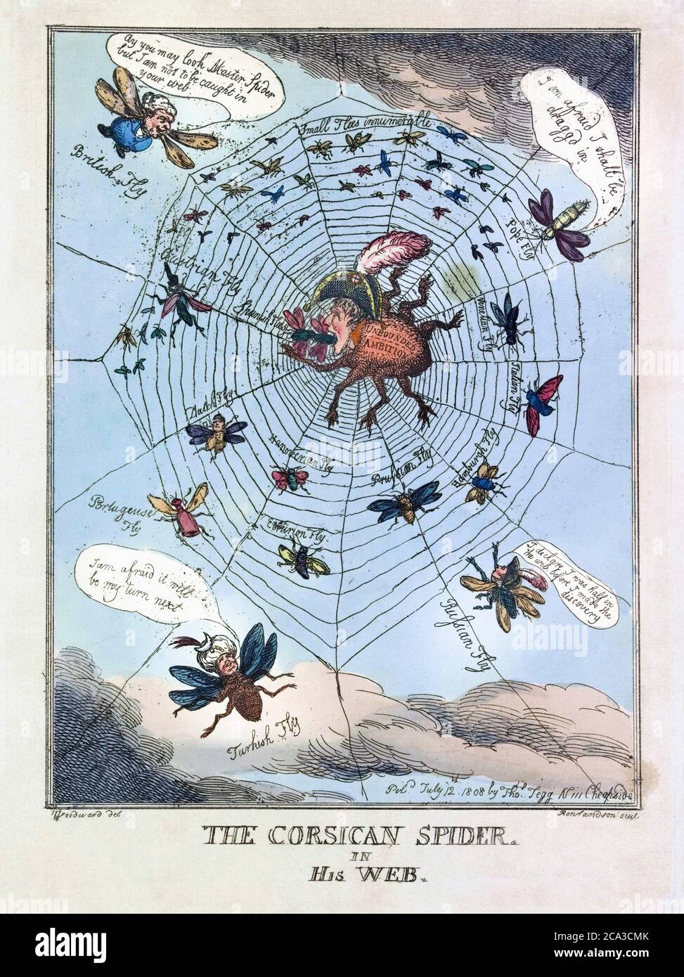 La araña corsa en su Web. Dibujos animados políticos fechados el 12 de julio de 1808, mostrando a Napoleón como una araña devorando países europeos atrapados en su web. Foto de stock