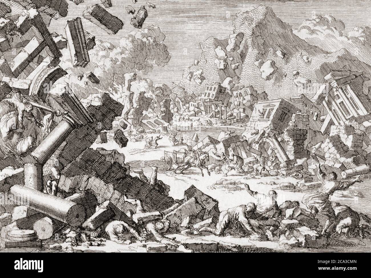 El terremoto de 1667 en Dubrovnik, Croacia, entonces la República de Ragusa. Después de un trabajo del ilustrador holandés Jan Luyken, 1649 - 1712. Foto de stock