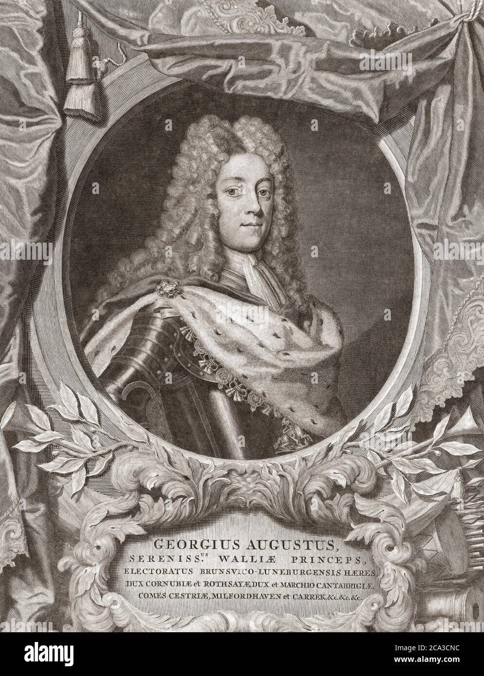 Rey Jorge II de Inglaterra, 1683 - 1760. Aquí visto cuando era Príncipe de Gales. Después de un grabado de principios del siglo 18 por Pieter van Gunst de una obra Foto de stock