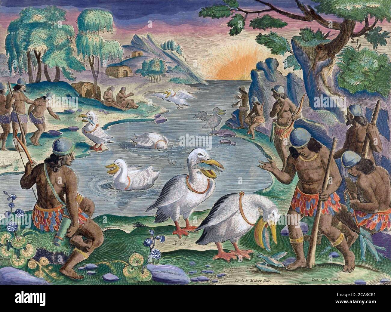 Idílica escena de pelícanos que capturan peces y los traen a los indios en la orilla. Después de un grabado del siglo XVII por Karel van Mallery, después de una obra Foto de stock