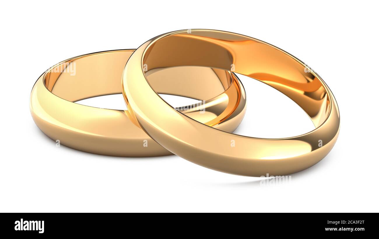 Dos anillos de bodas de oro como símbolo del matrimonio y la boda.  Ilustración de renderización 3D de anillos de oro con fondo blanco aislado  Fotografía de stock - Alamy
