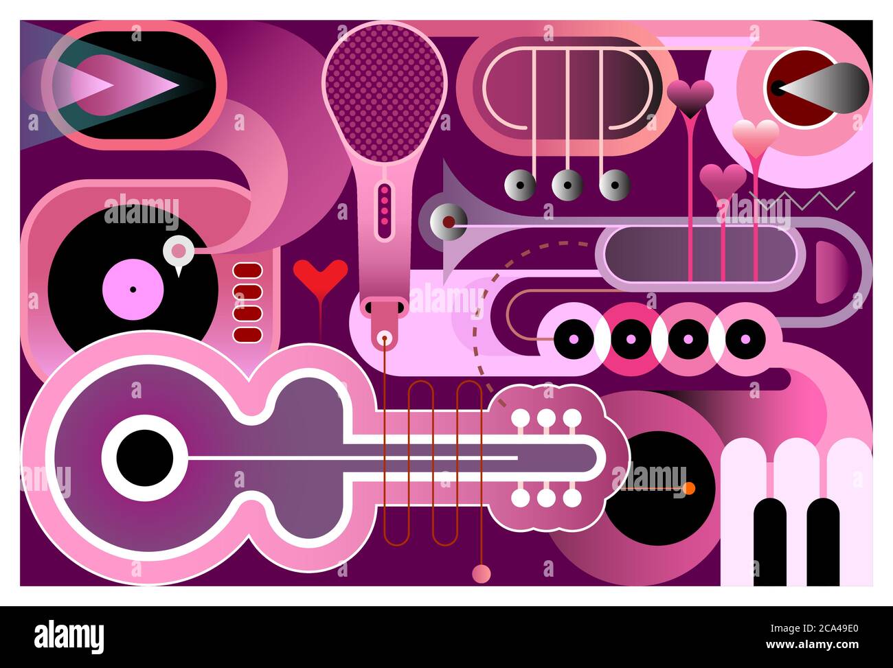 Sombras de color púrpura saturado fondo musical abstracto. Diseño de diferentes instrumentos musicales, ilustración vectorial. Guitarra acústica, saxofón Ilustración del Vector