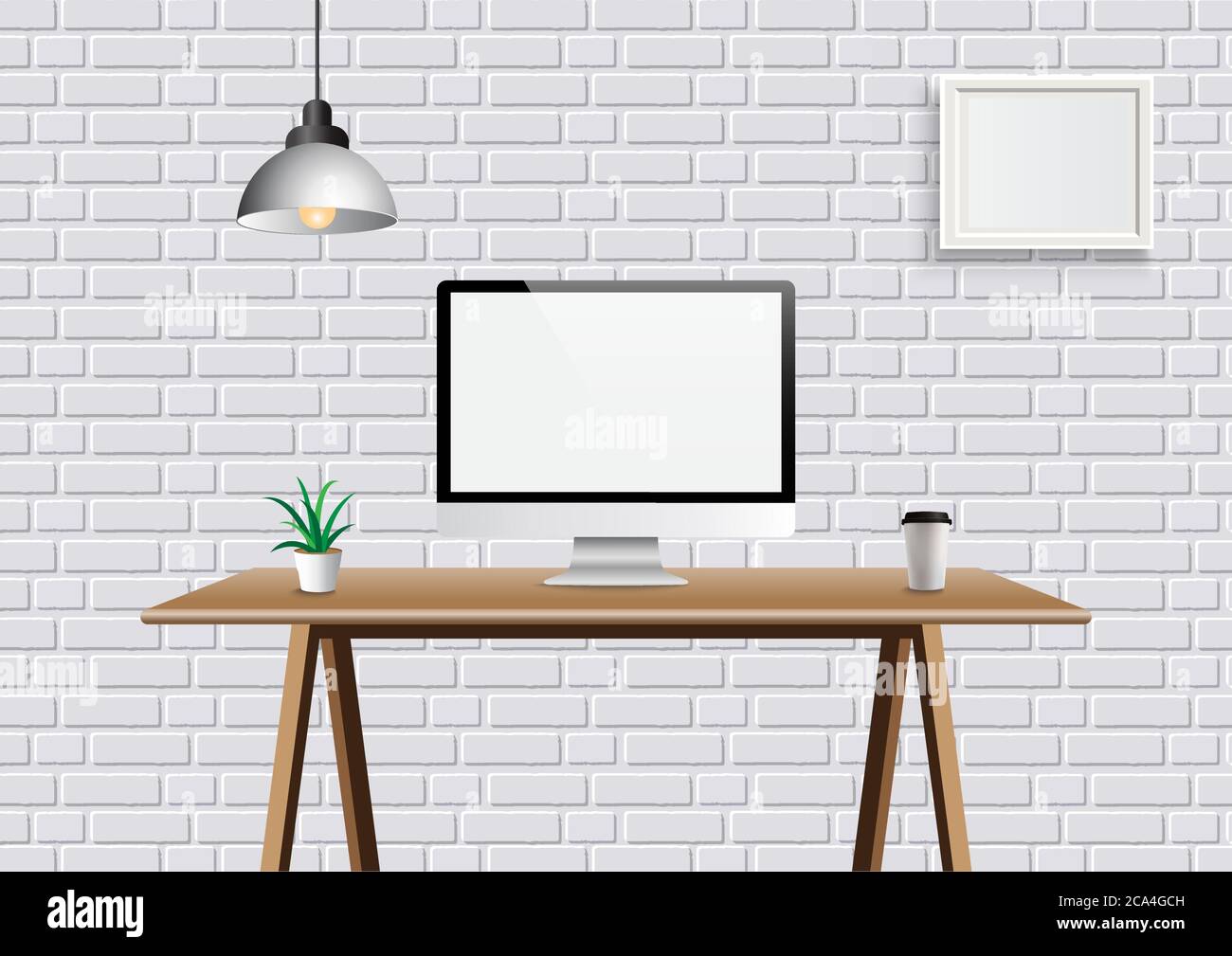 Espacio creativo de oficina vectorial realista con pantalla en mesa de trabajo. Fondo de espacio de trabajo de maqueta con vista frontal ordenador escritorio y marco en la pared. Ilustración del Vector