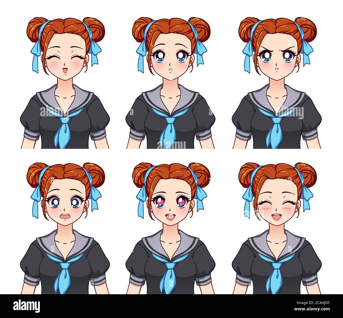 Conjunto de expresiones de anime. Chica linda con conejitos peinado usando  uniforme escolar japonés. Ilustración vectorial dibujada a mano aislada  sobre blanco Imagen Vector de stock - Alamy