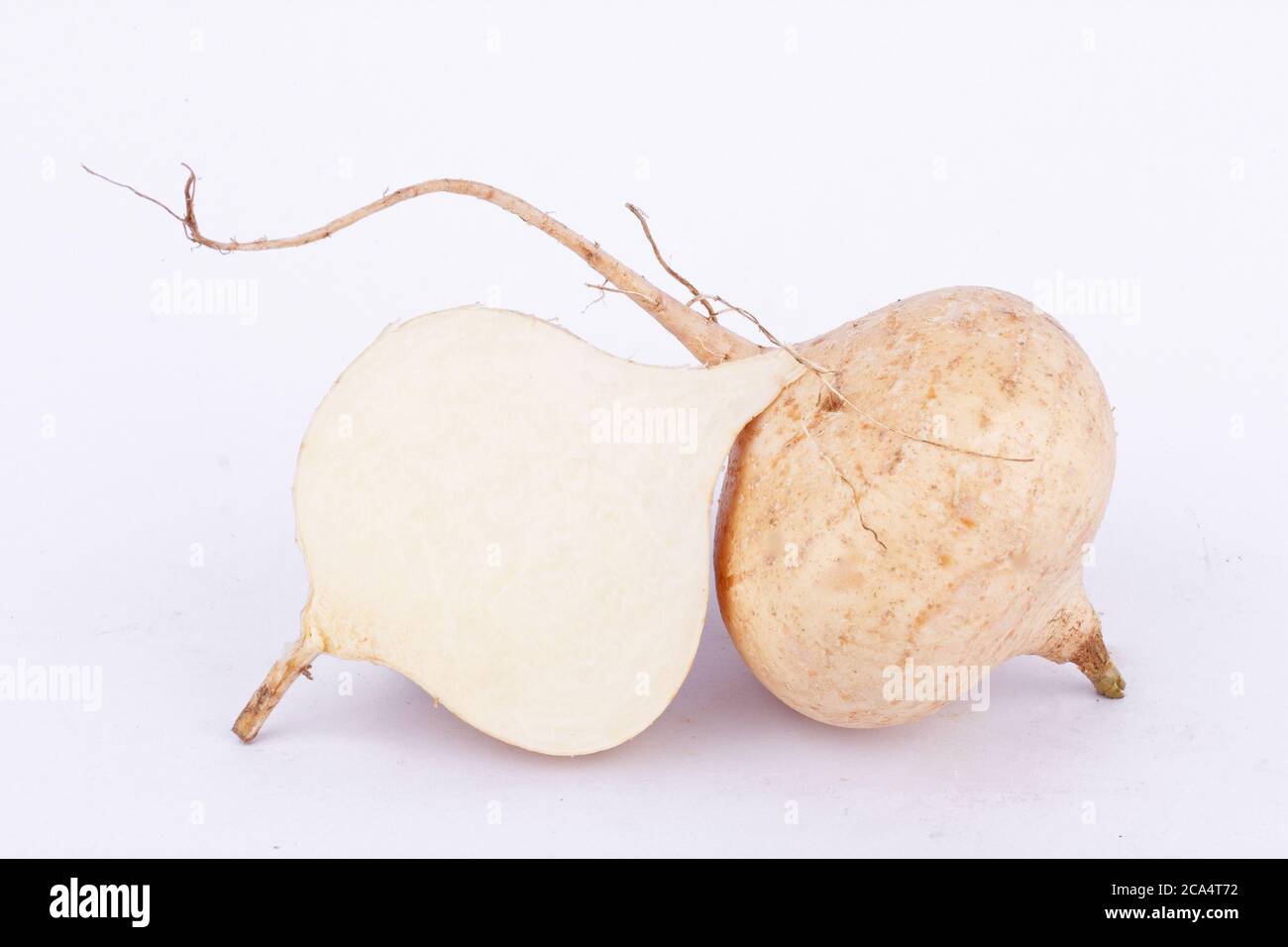 El frijol ñame ( Jicama ) es un alimento de frutas vegetales de raíz bulbosa sobre fondo blanco