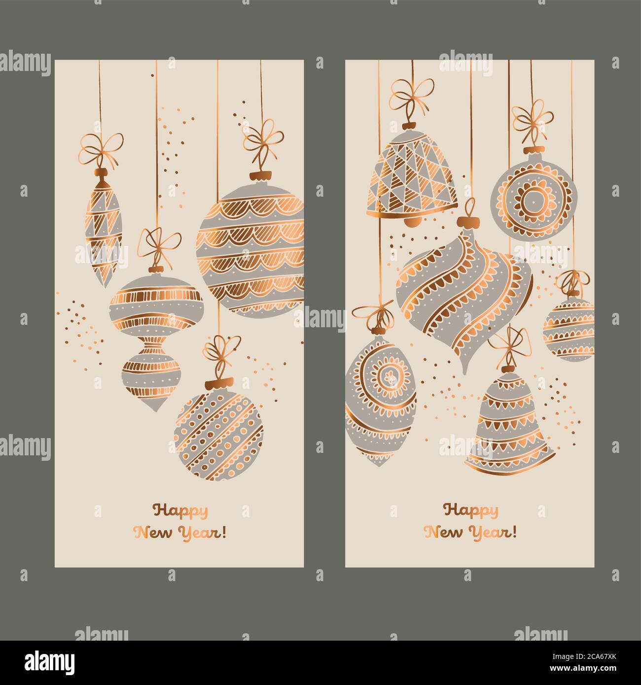 Composición ornamental de bolas de Navidad dibujadas a mano para tarjeta, cabecera, invitación, cartel, medios sociales, publicación postal. Oro y gris elegante Navidad v Ilustración del Vector