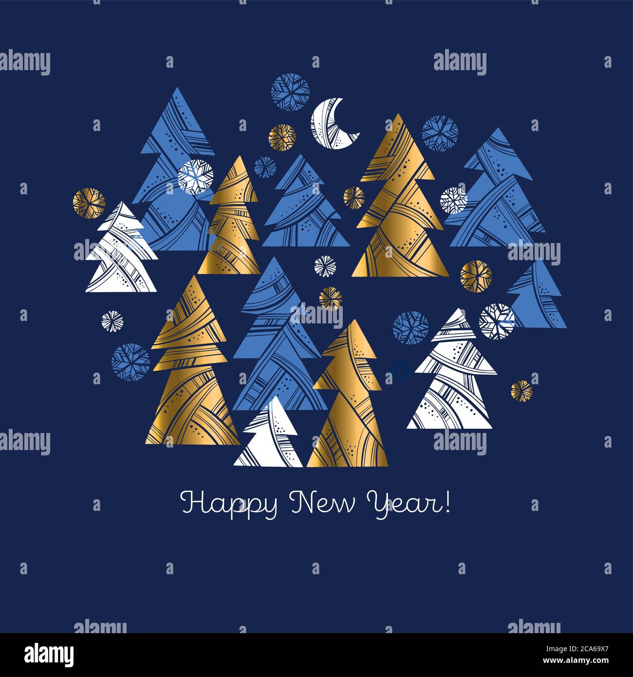 Simple composición geométrica de oro y árbol de Navidad azul para tarjeta, cabecera, invitación, cartel, medios sociales, publicación post. Formas redondas modernas Ilustración del Vector