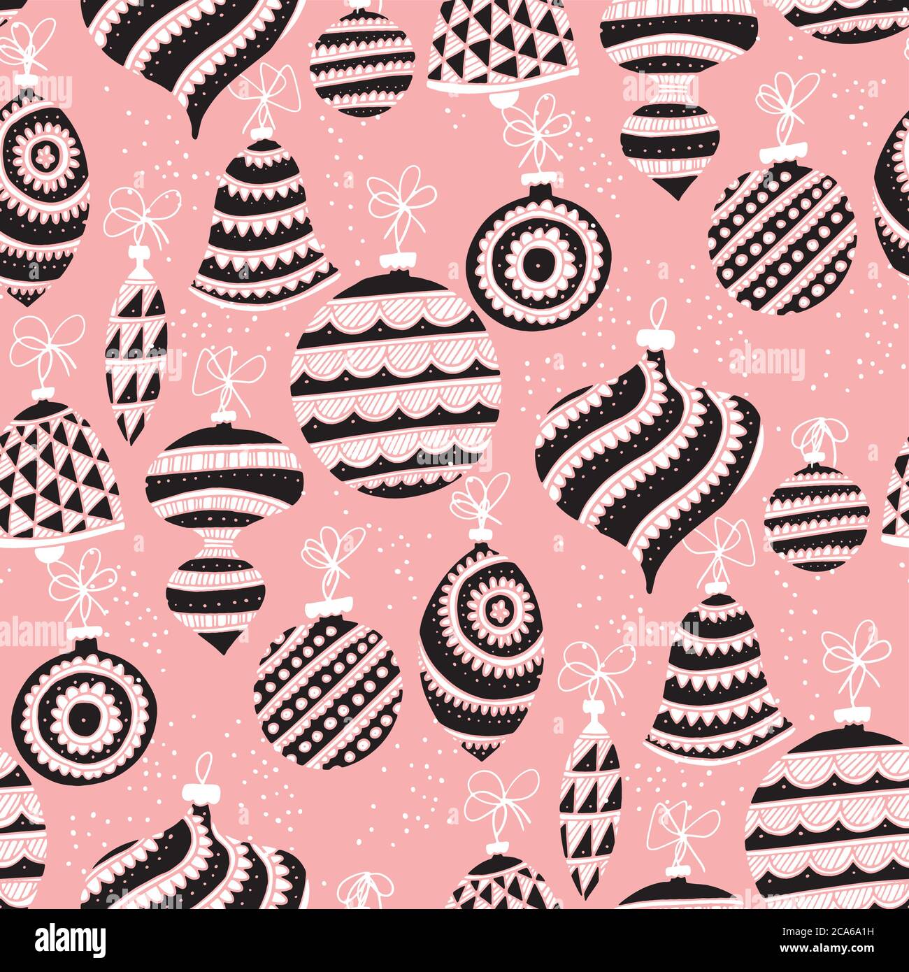 Bonito estilo folk rosa y negro bolas de Navidad sin costuras patrón para fondo, tela, tela, envoltura, superficie, tela y diseño de impresión. Bolas de Navidad han Ilustración del Vector