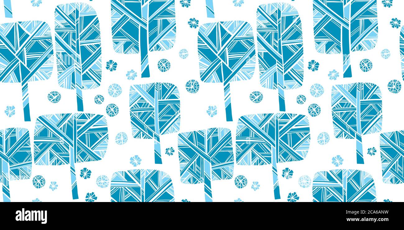 Bonito y tierno invierno azul naked árbol sin costuras patrón para fondo, tela, tela, envoltura, superficie, tela y diseño de impresión. Copos de nieve y parque naive li Ilustración del Vector