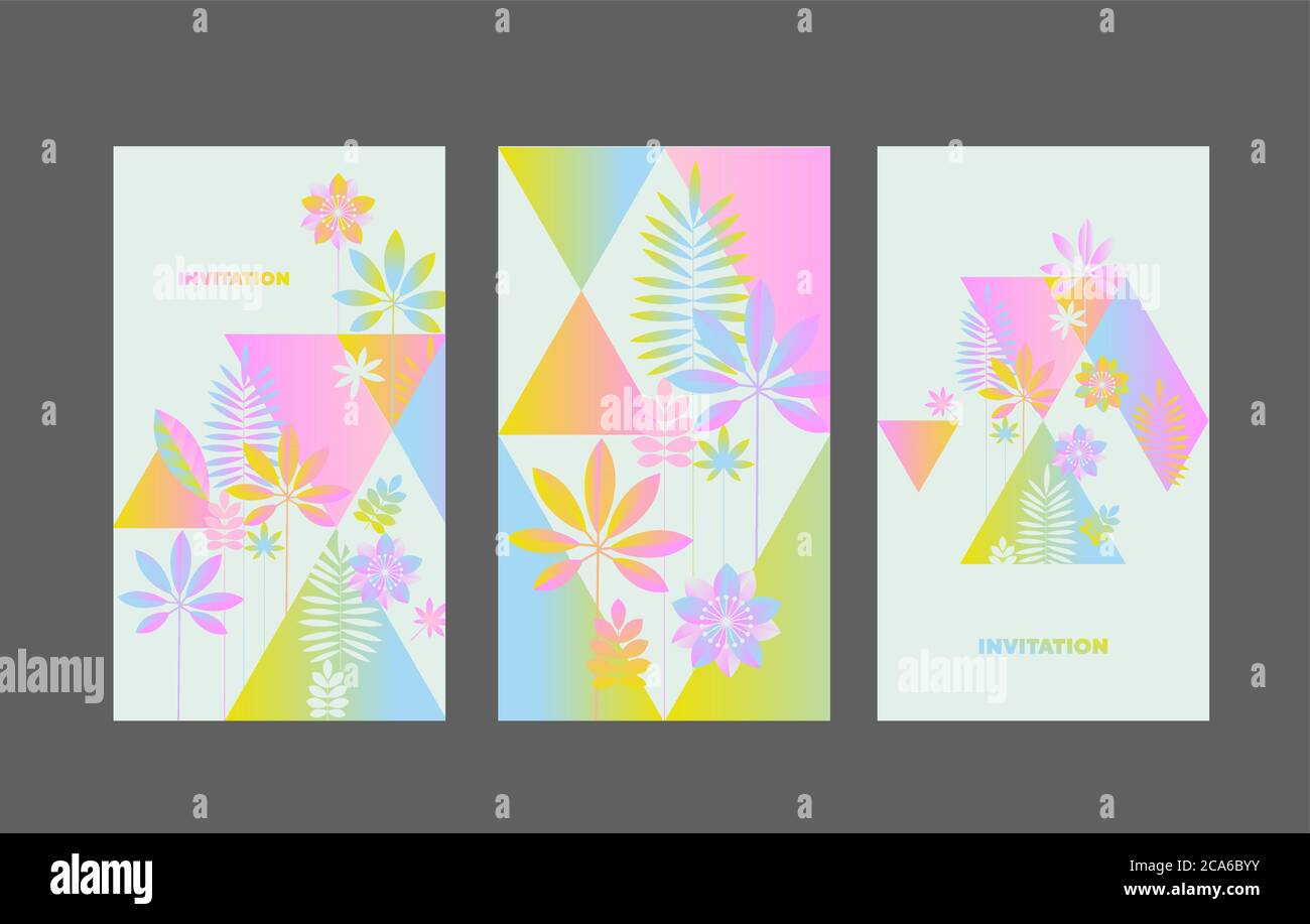 Moderno resumen flores exóticas y hojas de color pálido. Neón colores RGB geométricos tarjetas tropicales. Elemento de diseño para banners web, carteles, tarjetas, wal Ilustración del Vector
