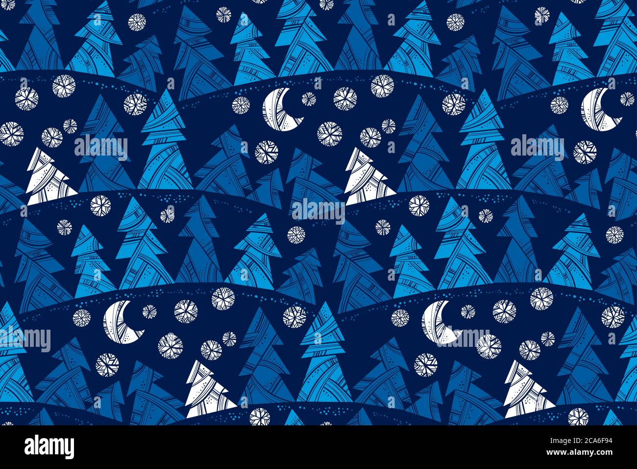 Árbol de Navidad decorativo azul intenso patrón sin costuras para fondo, tela, tela, envoltura, superficie, tela y diseño de impresión. Silueta simple bosque de invierno Ilustración del Vector