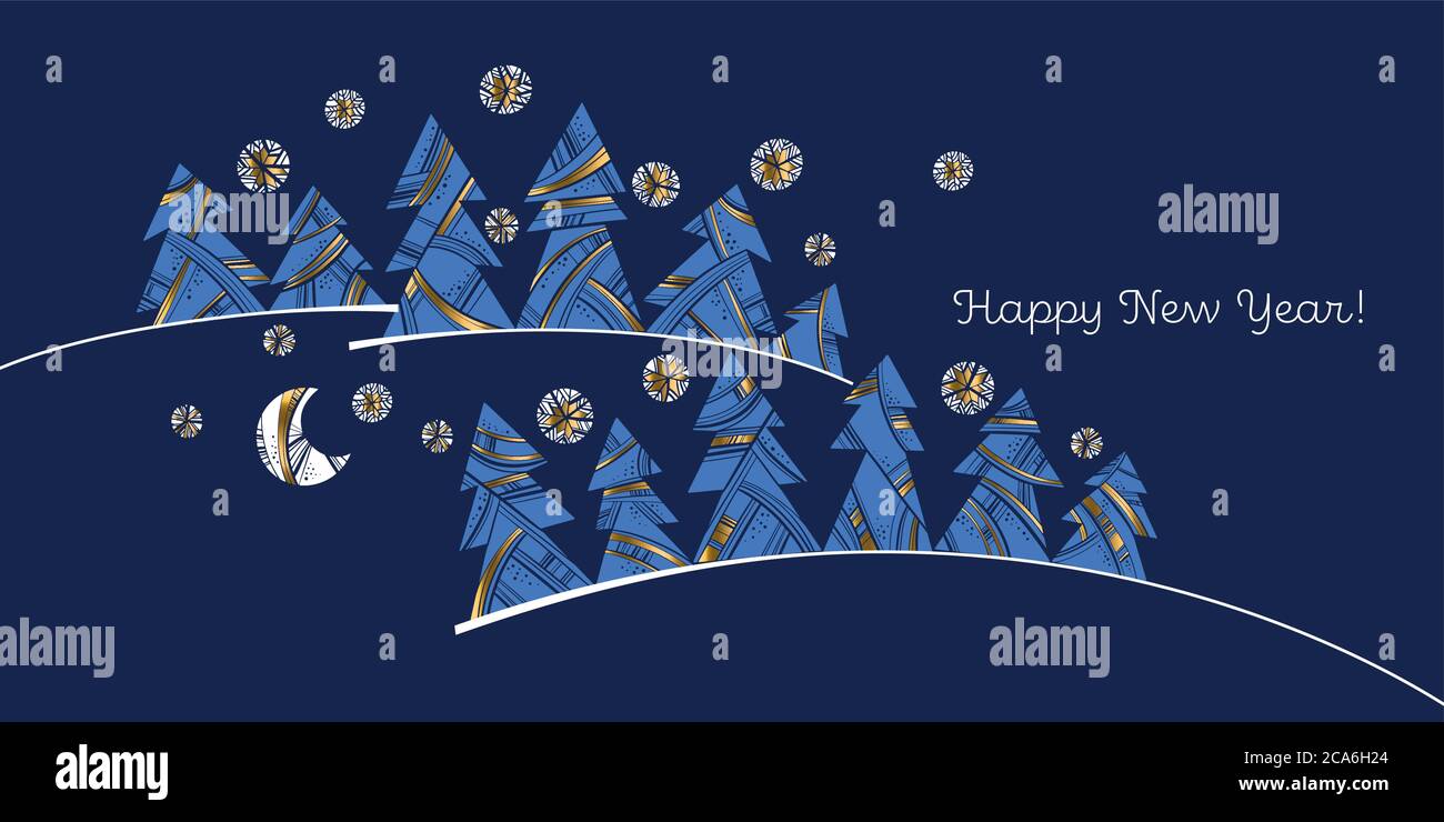 Elegante y lujoso árbol de Navidad azul y oro composición para tarjeta, cabecera, invitación, cartel, medios sociales, publicación. Moderno y moderno avance navideño Ilustración del Vector
