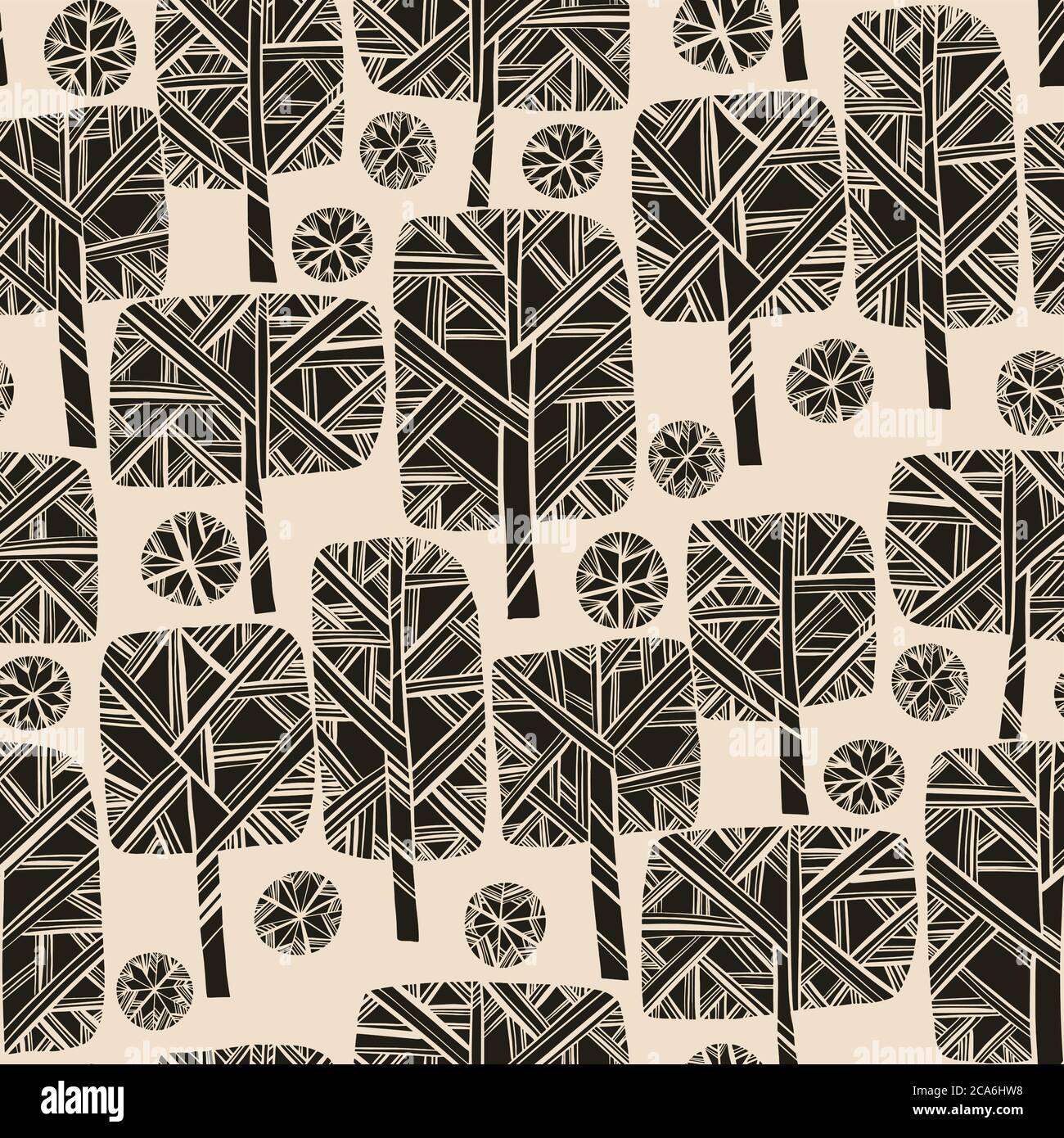 Blanco y negro árbol de invierno sin costuras patrón para fondo, envoltura, tela, tela, envoltura, superficie, tela y diseño de impresión. Árbol del parque lacónico nórdico y. Ilustración del Vector