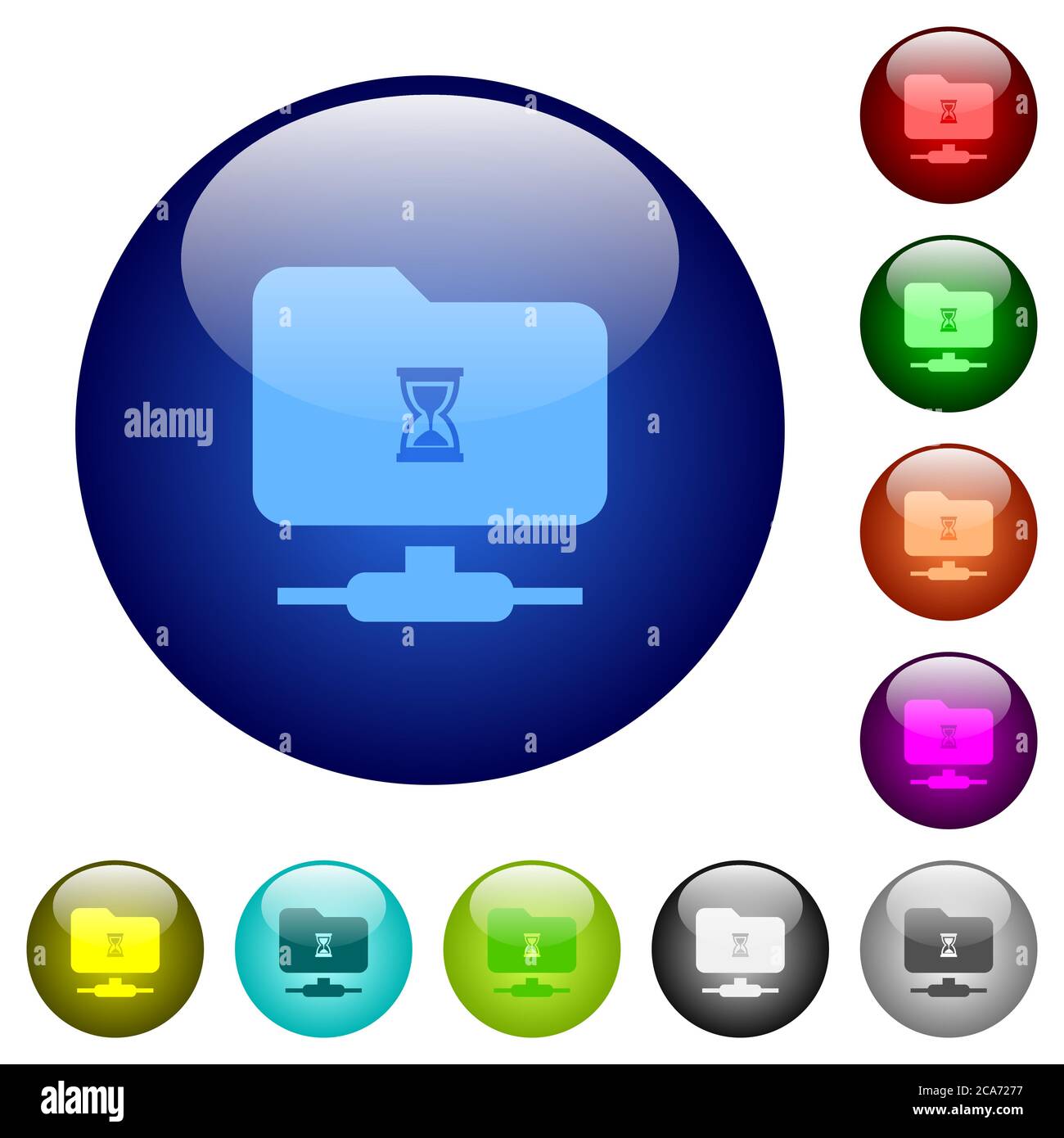 Iconos de FTP ocupado en los botones redondos de cristal de color Ilustración del Vector