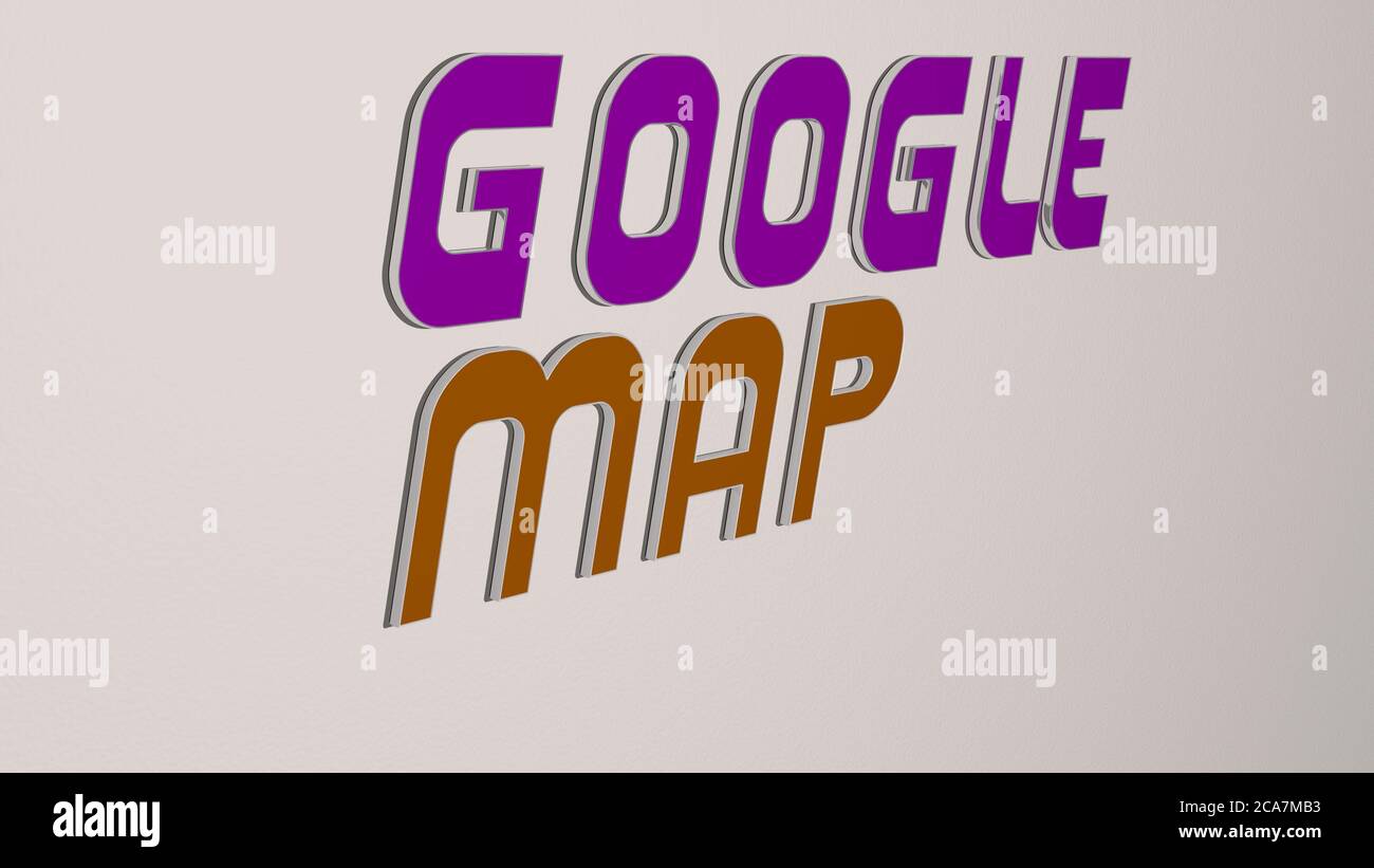 Representación 3D de GOOGLE MAPA con icono en la pared y texto organizado  por letras cúbicas metálicas en un suelo espejo para el concepto de  significado y presentación de diapositivas. Editorial y