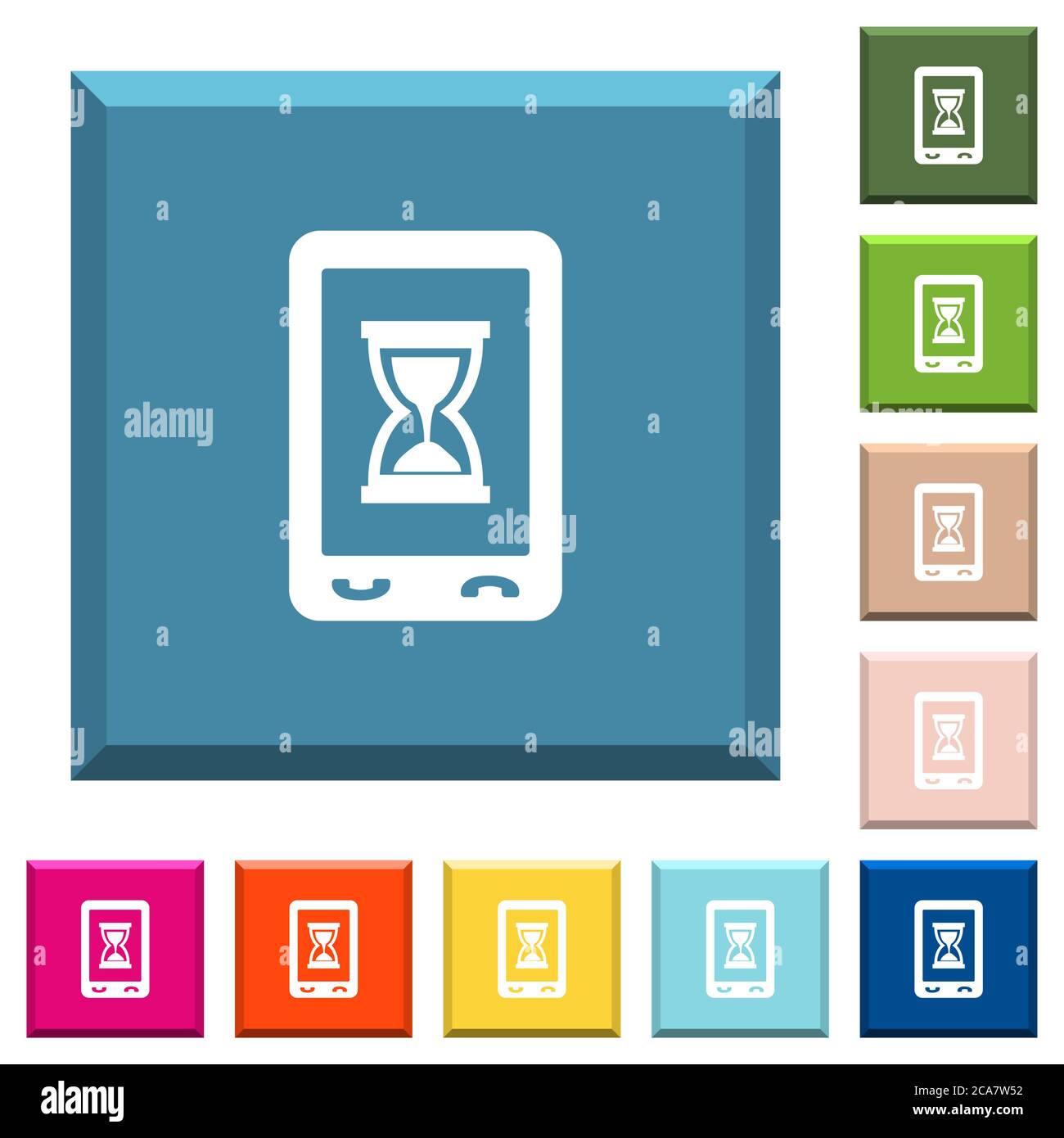 Iconos de trabajo móvil en blanco sobre botones cuadrados con bordes en varios colores de moda Ilustración del Vector