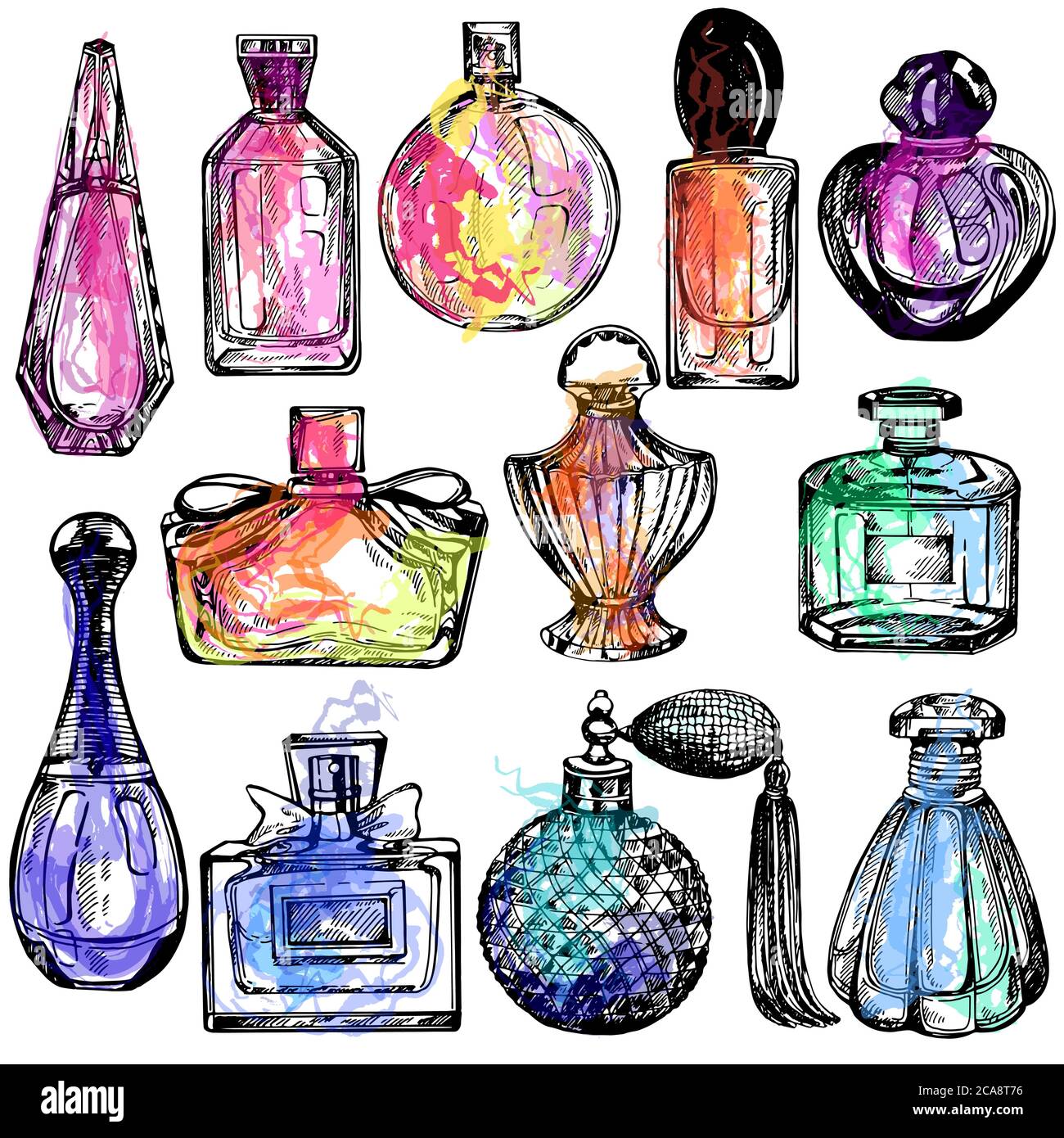 Conjunto de diseño dibujado a mano botellas de perfume coloridas aisladas  sobre fondo blanco. Ilustración vectorial Imagen Vector de stock - Alamy