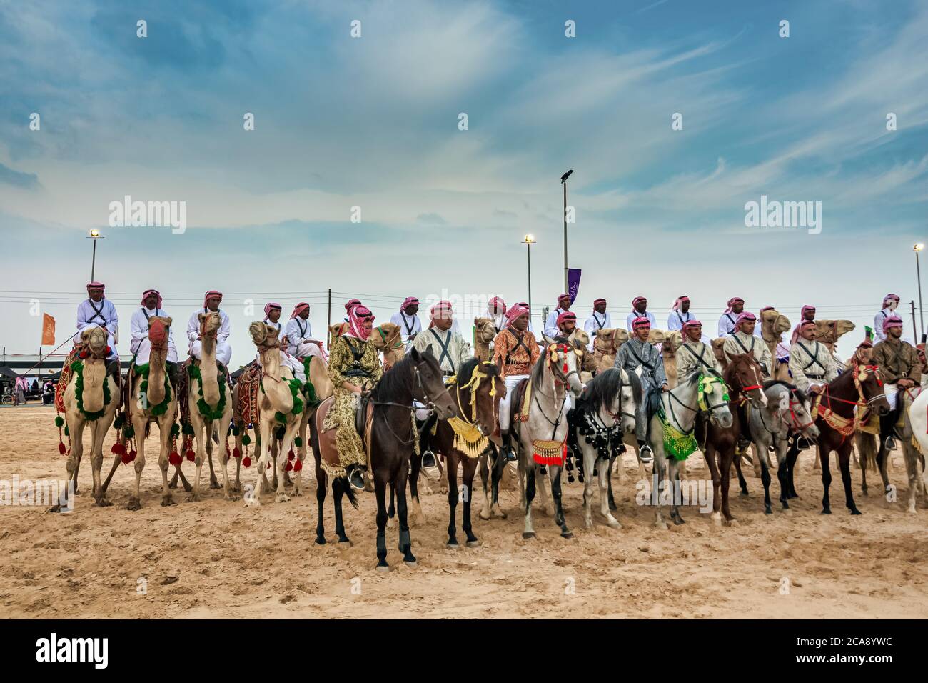 Los jinetes árabes sauditas de camellos con sus camellos en el tradicional festival de safari en el desierto en Arabia Saudita abqaiq. 10-Ene-2020 Foto de stock