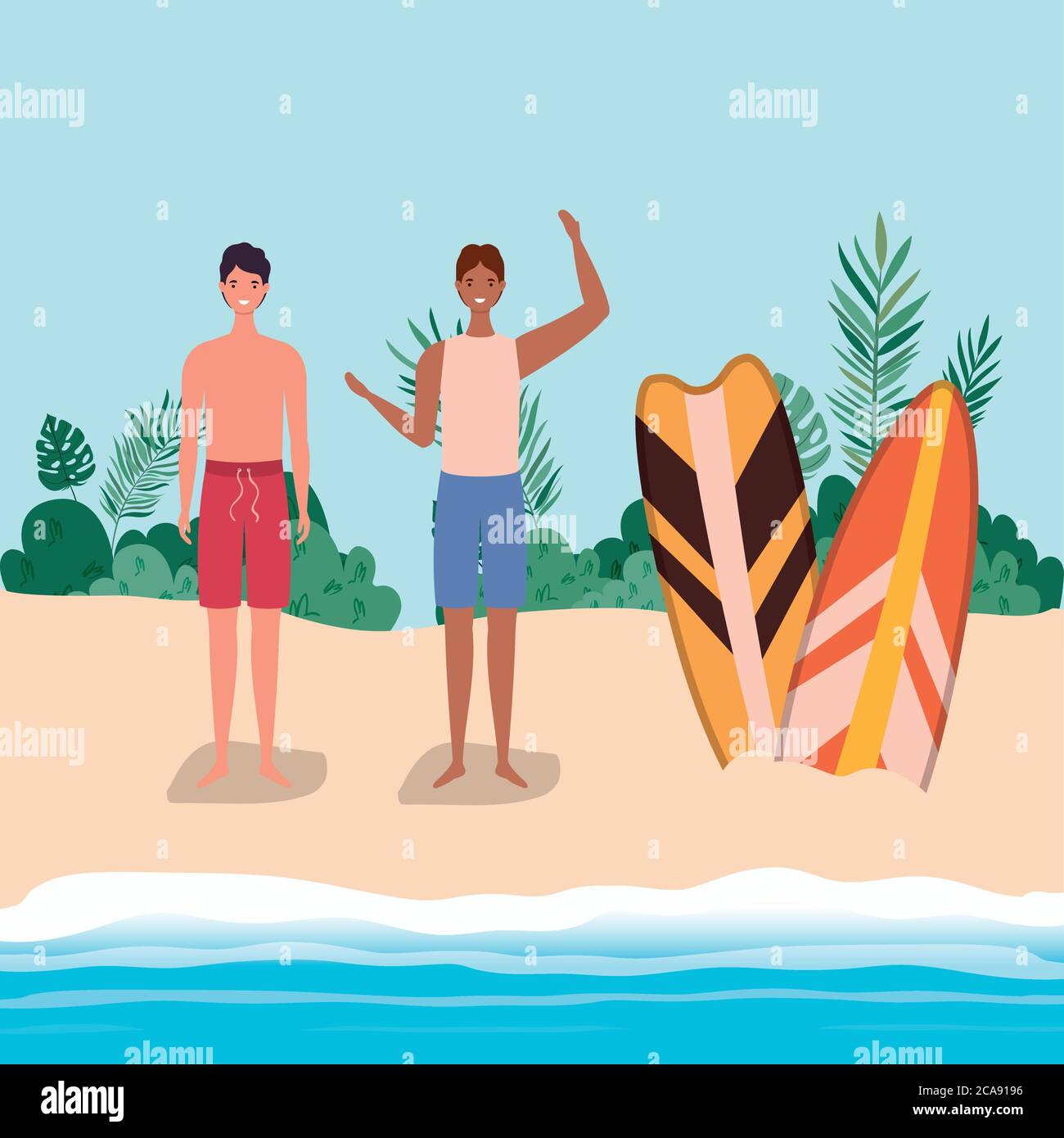 Niños dibujos animados con traje de baño en la playa con diseño de tablas  de surf, vacaciones de verano tropical y tema de relajación ilustración  vectorial Imagen Vector de stock - Alamy