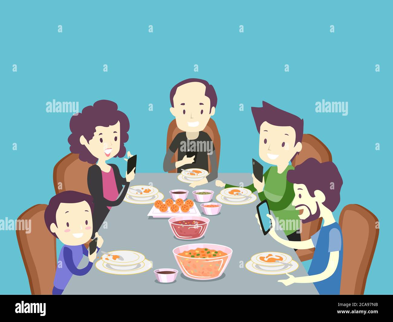 Ilustración de una cena familiar y cada uno usando el teléfono móvil