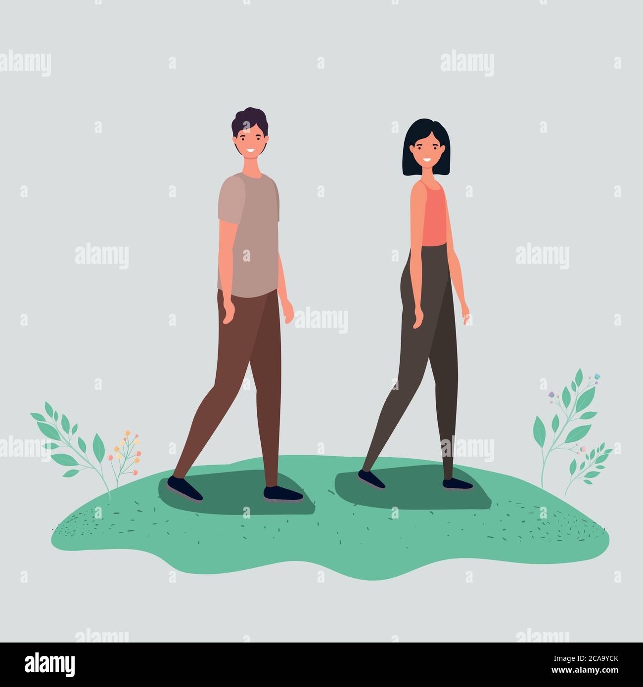 Mujer y hombre dibujos animados caminar con hojas diseño, actividad al aire  libre tema ilustración vectorial Imagen Vector de stock - Alamy