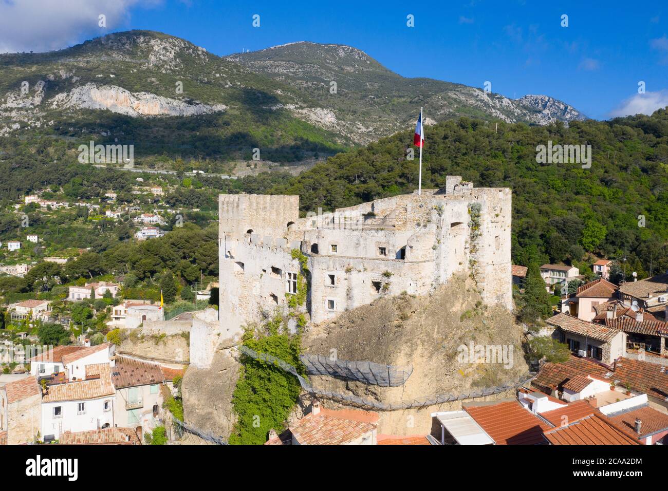 Francia, Niza, Vista aérea de la aldea de Roquebrune Cap Martin. Foto de stock