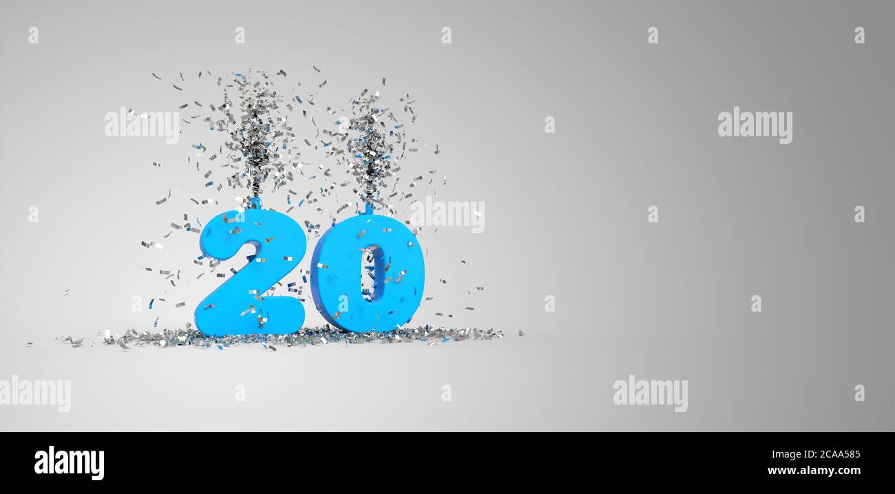 20 años, texto azul, fondo gris 3D rendering Foto de stock