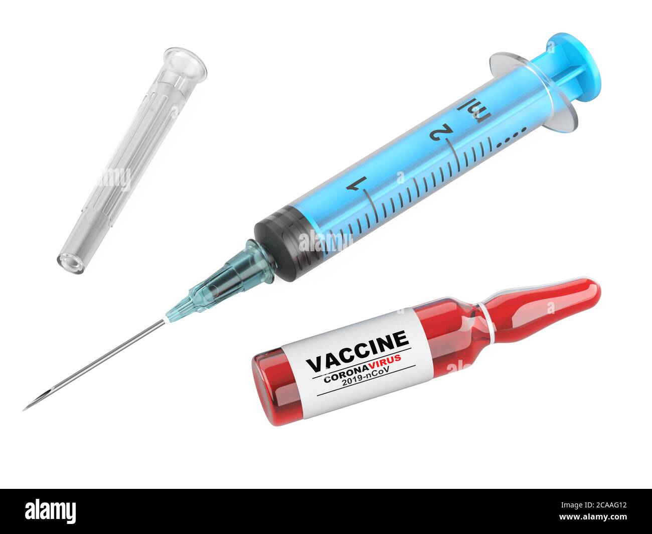 Vacunación contra el virus del sars, coronavirus. Jeringa para la inyección de la vacuna y botella con la droga. Prevención de la neumonía por infección. ilustración 3d i Foto de stock