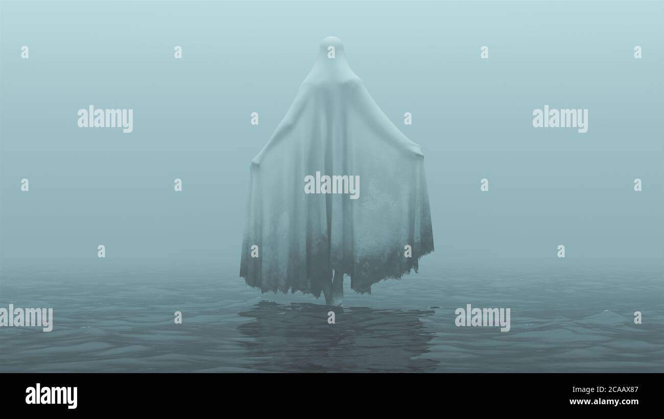 Espíritu maligno flotante con una rodilla levantada y brazos Fuera en un manto de la muerte sobre el agua en un Foggy Vista de día anterior Ilustración 3d Presentación 3d Foto de stock