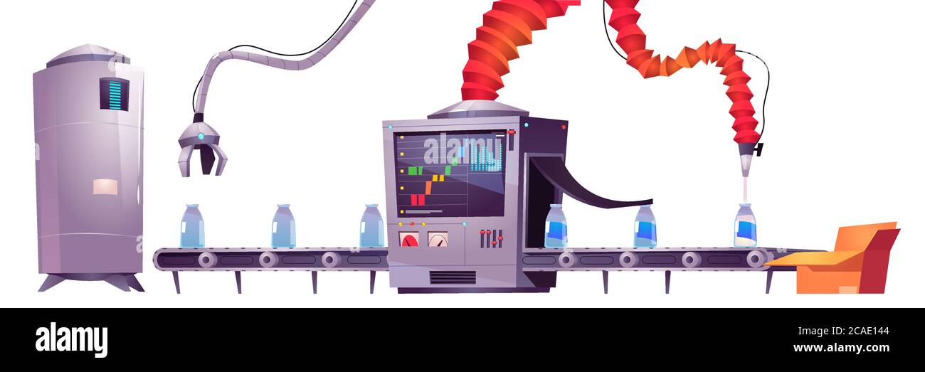 Cinta transportadora en la fábrica de producción de productos lácteos.  Proceso de vertido automático de leche en botellas de vidrio en planta.  Juego de dibujos animados vectoriales de equipo en el taller