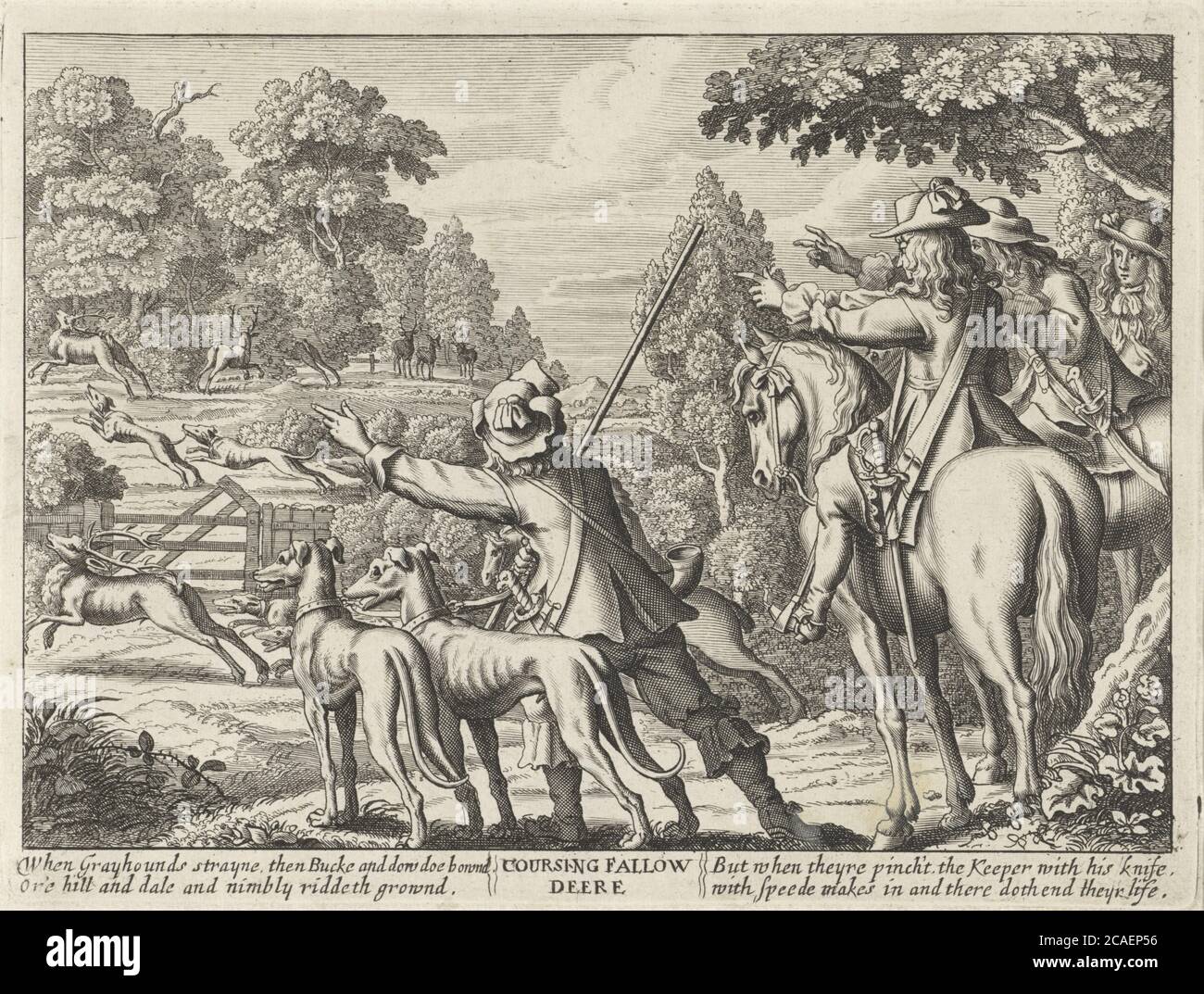 Ciervo perseguido por perros de caza, Richard Gaywood posiblemente, después de Francis Barlow, 1671 Foto de stock