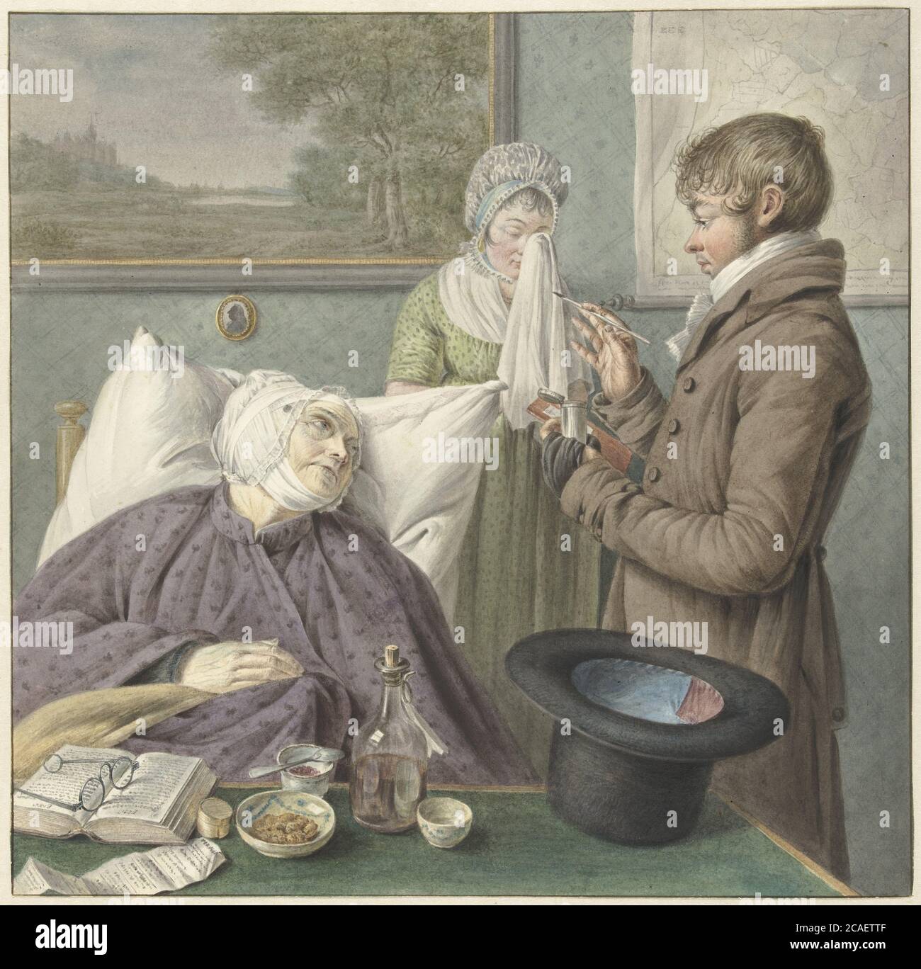 El médico visita a una anciana enferma en cama, Wybrand Hendriks (atribuido a), 1771 - 1816 Foto de stock