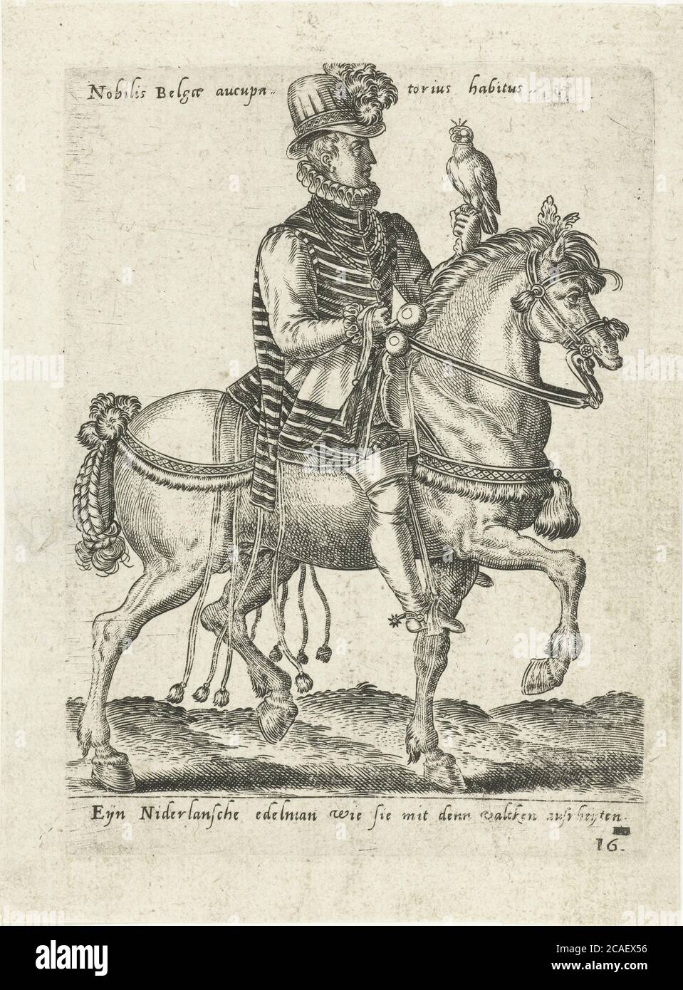 Noble holandés a caballo sobre cetrería, Abraham de Bruyn (atribuido a), 1577 Foto de stock