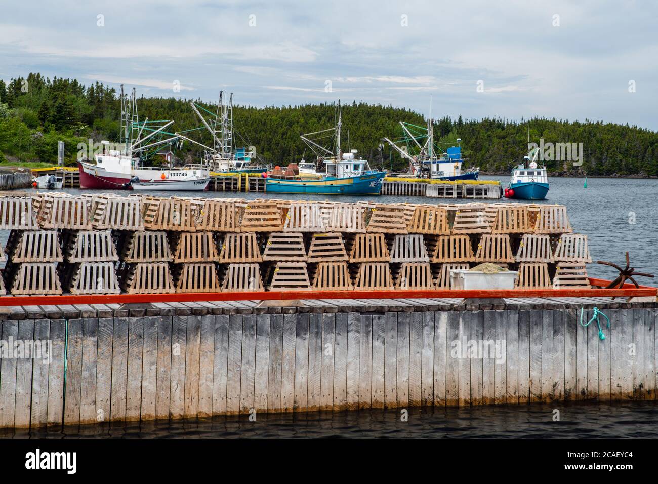 Trampas de langosta en el muelle, Cottlesville, Terranova y Labrador NL, Canadá Foto de stock