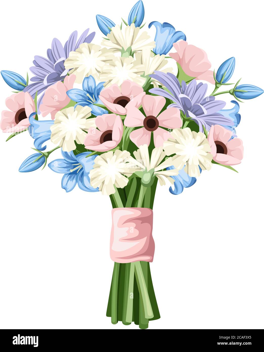 Ramo vectorial de flores rosadas, azules, blancas y púrpuras aisladas sobre fondo blanco. Ilustración del Vector
