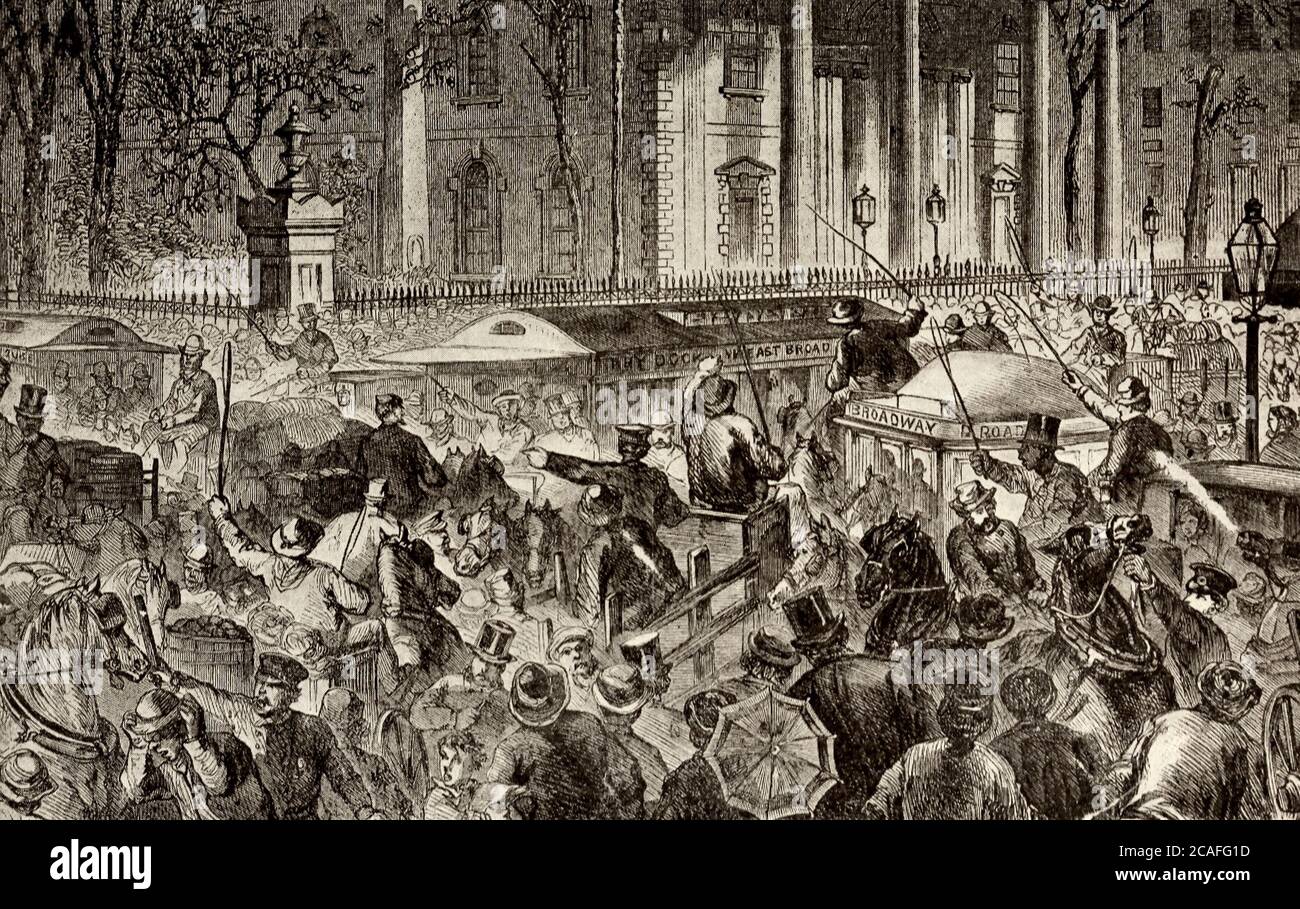Atasco de tráfico en Fulton Street, Nueva York, en 1866, antes de la creación de la policía de tráfico Foto de stock
