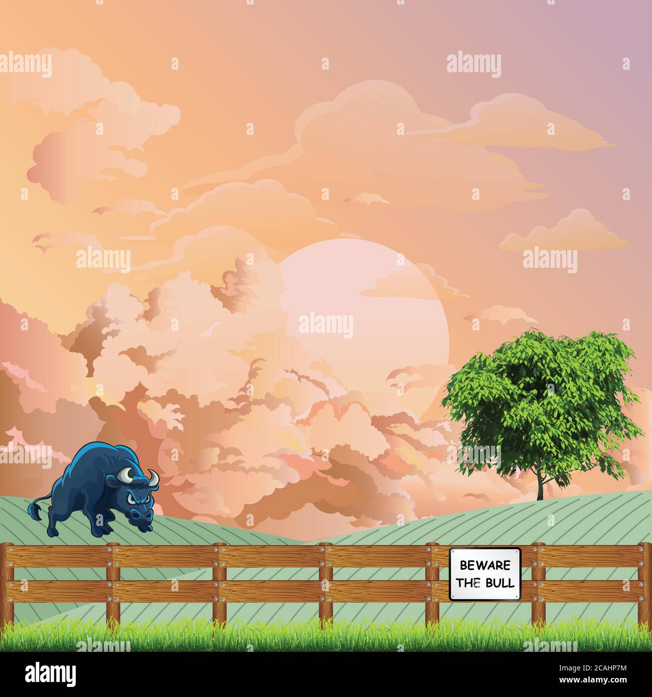 Ten cuidado con la señal de toro en la valla de madera con un bullock de aspecto enojado en el campo contra un amanecer o el cielo al atardecer Ilustración del Vector