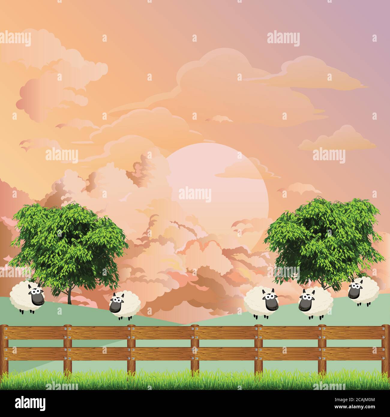 Pintoresca escena rural con un rebaño de ovejas en el campo de pasto contra un amanecer o cielo al atardecer Ilustración del Vector