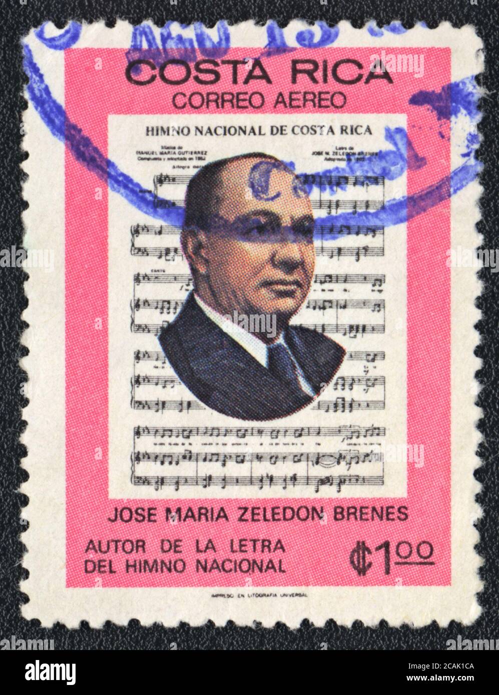 Sello postal. Retrato de José María Zeledon Brenes - político, poeta, periodista y escritor costarricense, Costa Rica 1981 Foto de stock
