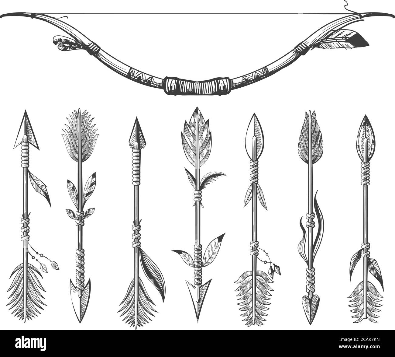 India flecha tatuaje conjunto. Tema étnico tribal conjunto de flechas y arco de los nativos americanos. Ilustración vectorial. Ilustración del Vector