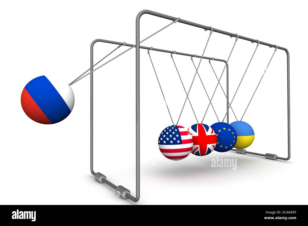 La Rusia como un factor en la dinámica de la geopolítica. Cuna de Newton  con la imagen de la bandera de Rusia, los EE.UU., Gran Bretaña, la UE y  Ucrania Fotografía de