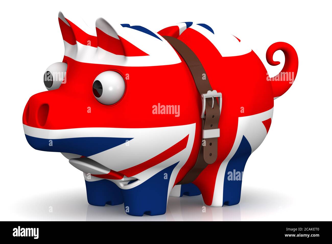 La crisis económica de Gran Bretaña. Apretado con una correa de cerdo banco piggy con ojos abultados, en el color de la bandera del Reino Unido en una superficie blanca Foto de stock