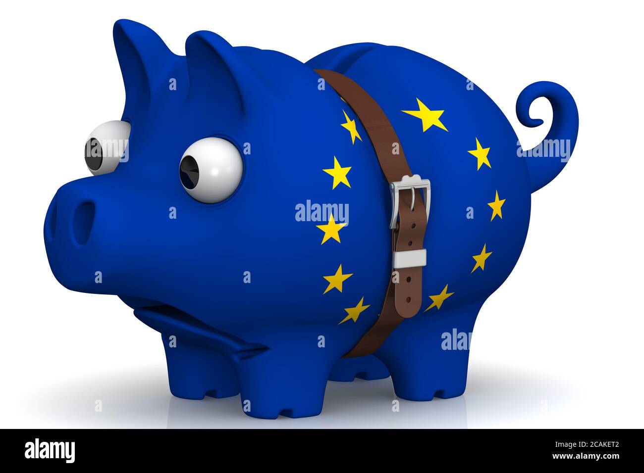 La crisis económica de la Unión Europea. Apretadas con una correa de cerdo banco piggy con ojos abultados, en el color de la bandera de la UE en una superficie blanca. Foto de stock