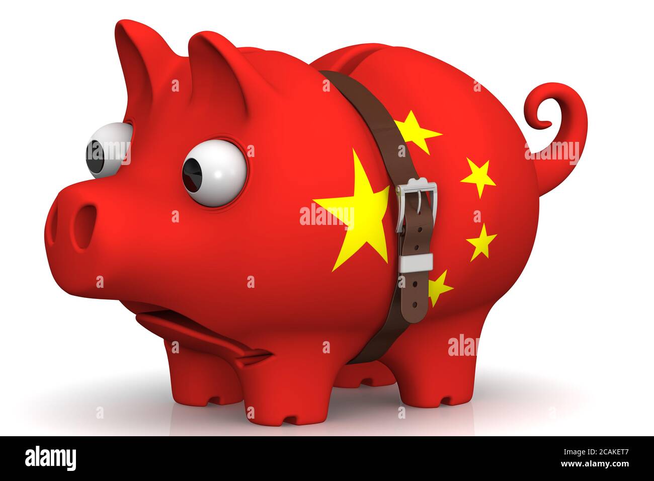 La crisis económica de China. Apretadas con una correa de cerdo banco piggy con ojos abultados, en el color de la bandera China en una superficie blanca. Foto de stock