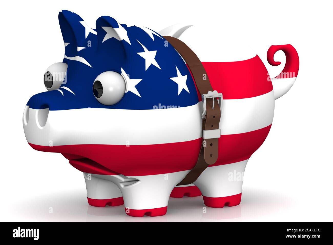 La crisis económica de los Estados Unidos de América. Apretadas con una correa de cerdo banco piggy con ojos abultados, en el color de la bandera de EE.UU Foto de stock