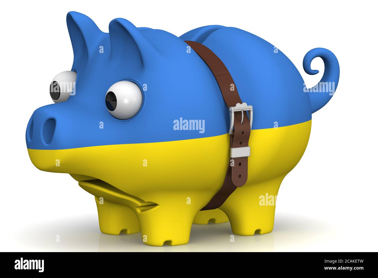 La crisis de la economía ucraniana. Apretadas con una correa de cerdo banco piggy con ojos abultados y los colores de la bandera ucraniana en una superficie blanca. Foto de stock