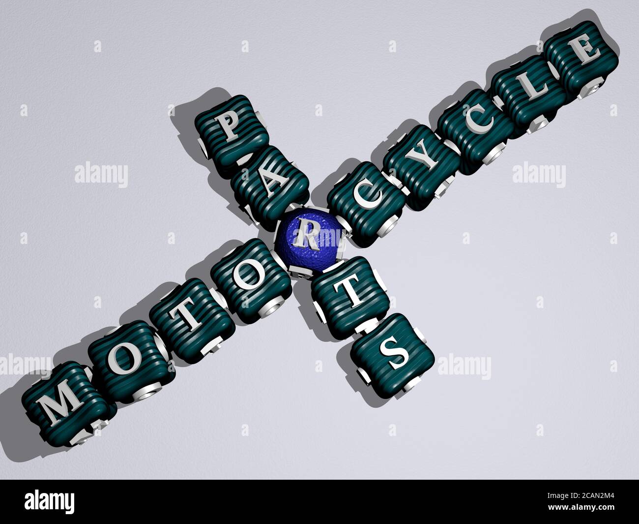 Partes de motocicleta crucigrama de letras cúbicas de colores ilustración 3D para bicicleta y
