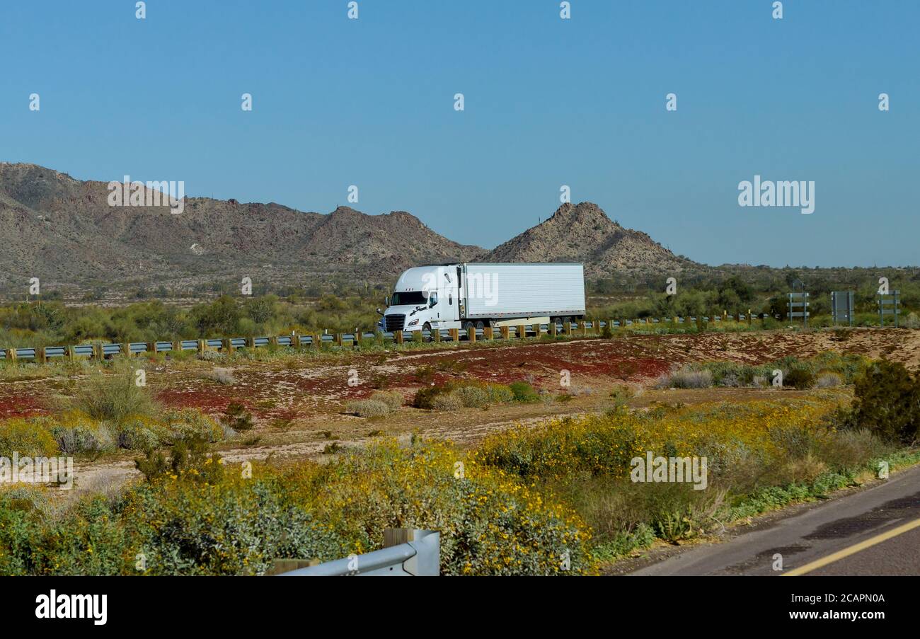 Blanco gran equipo de EE.UU. Largo transporte semi camión con en movimiento En una amplia carretera de giro dividida con montaña en EE.UU. Foto de stock