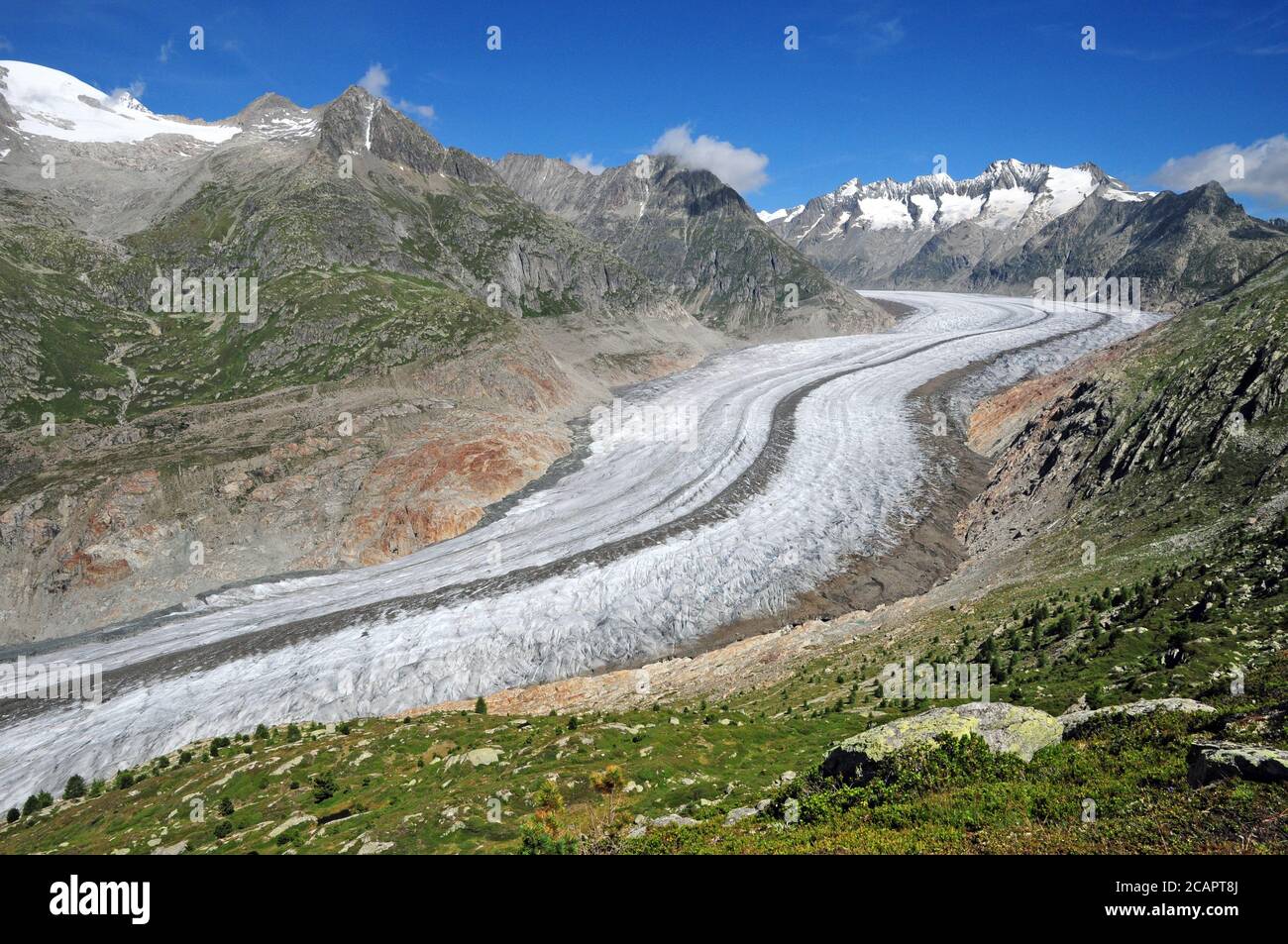 El Gran glaciar Aletsch sobre Bettmeralp es el glaciar alpino más grande de Europa. Foto de stock